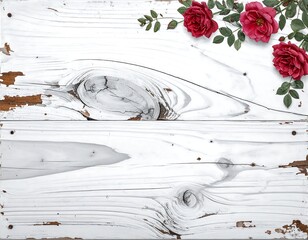 White wood planks with chipped paint and red roses in top right
