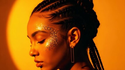 Serene black female with creative glitter makeup and an elegant braided hairstyle. Side view portrait sequence for a beauty or fashion campaign under warm studio lighting - Powered by Adobe