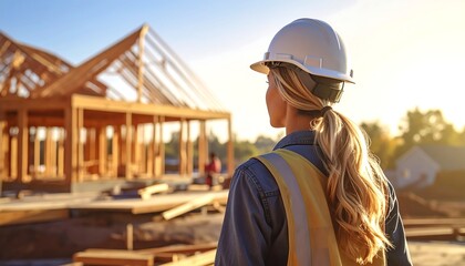 Woman engineer surveying a wood-framed house under construction