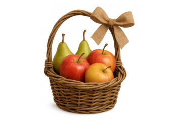 Wicker basket with fresh red apples and green pears, a healthy fruit gift or harvest bounty, transparent background