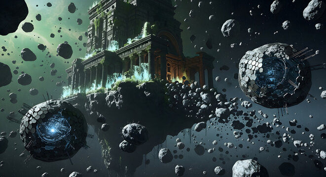 Celestial Citadel Amidst Asteroid Field: A Cosmic Fortress. - Powered by Adobe