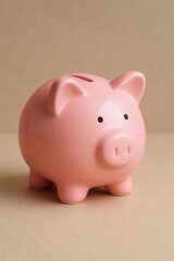 “A clean and minimalistic photograph of a pink ceramic piggy bank placed on a soft beige background. The glossy finish and simple design give the image a modern.