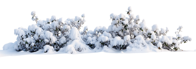 Row of small bushes or shrubs heavily covered with fresh white snow against transparent background, creating stark winter landscape element for seasonal design projects
