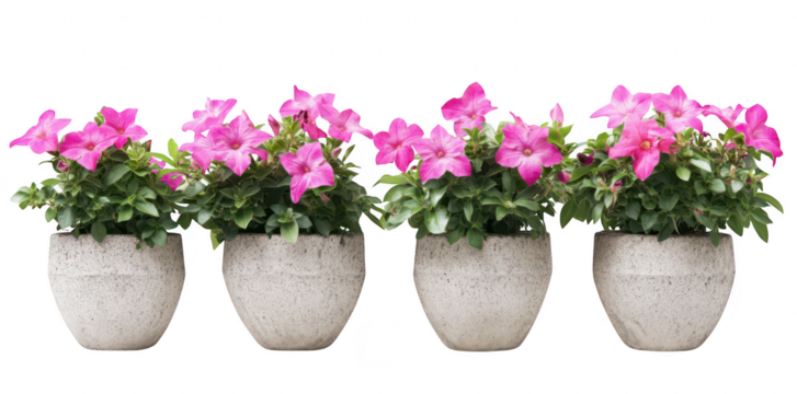 A display of pink flowers in stylish concrete pots arranged in a row. set against a minimalistic white background. perfect for home decor or gardening inspiration