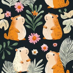 adorable whimsical orange and cream guinea pigs surrounded by pink daisy flowers and green leaves on a dark background