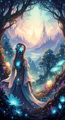 Obraz premium Woman gazing at a distant castle from a luminous forest