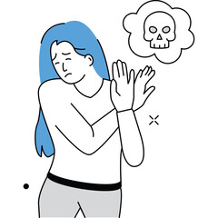 Distressed Woman With Blue Hair Frightened By Thoughts Of Danger With Skull Icon In Thought Bubble On Transparent Background