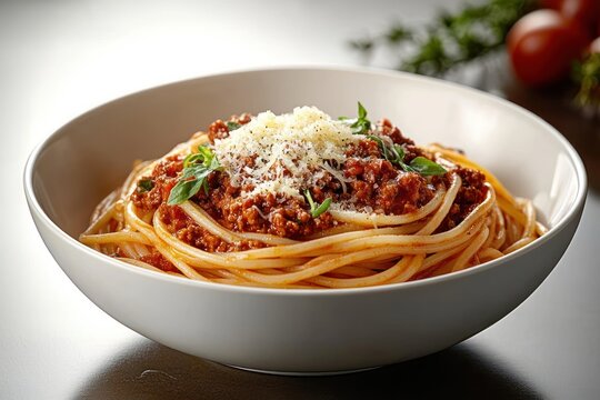 Bowl of spaghetti piled with meaty tomato sauce, topped with grated cheese and fresh basil, warm inviting and appetizing presentation with ripe tomatoes blurred in background