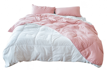 A cozy and stylish bed adorned with a pink and white comforter set. featuring fluffy pillows. set against a clean. minimalist background. perfect for enhancing bedroom decor or interior design project