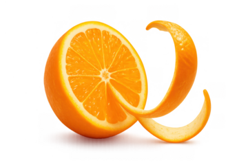 Fresh orange fruit half with vibrant peel spiral, showing juicy segments, healthy eating, transparent background