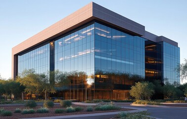 modern glass office building with reflective facade at sunset, landscaped desert trees and shrubs, paved pathways and calm serene evening atmosphere