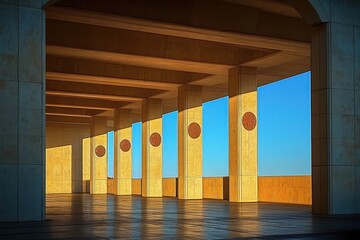 sunlit stone colonnade with repeating tall pillars, circular medallions, open blue sky views and reflective tiled floor evoking calm and contemplative serenity