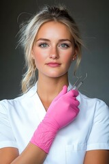 Healthcare professional in white uniform wearing pink gloves and holding dental instruments, confident clinical portrait with neutral background
