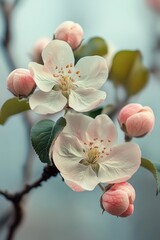 delicate pale pink and white blossoms with unopened buds, green leaves and soft bokeh background conveying a serene springtime mood