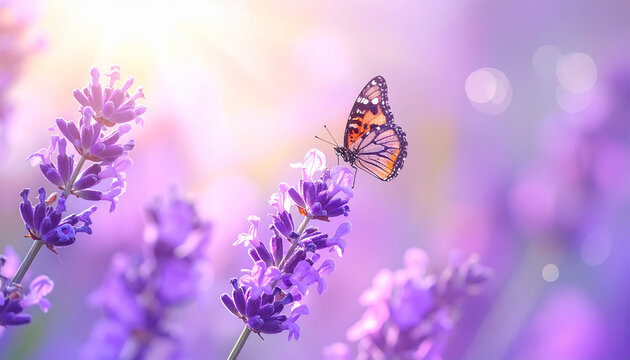 Wide field of lavender and butterfly in summer sunset panorama background
