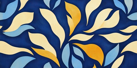 flowing abstract botanical pattern of cream, yellow and light blue leaf shapes on a deep navy background, calm and uplifting decorative composition