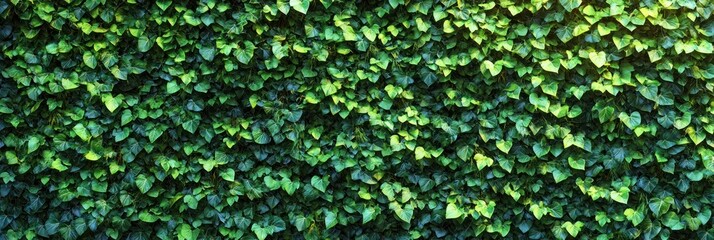 Lush green ivy covering a wall of overlapping heart-shaped leaves bathed in dappled sunlight, evoking a fresh and calming mood