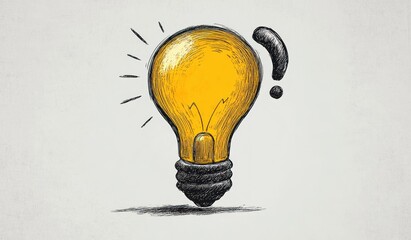 hand-sketched yellow light bulb with adjacent question mark on a textured background conveying curiosity and sudden inspiration
