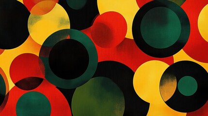 overlapping bold circles in red, yellow, green and black with textured surfaces and layered geometric composition conveying an energetic, playful retro mood
