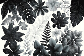 Monochrome collage of assorted tropical leaves, ferns and delicate flowers in layered botanical illustration conveying calm elegance