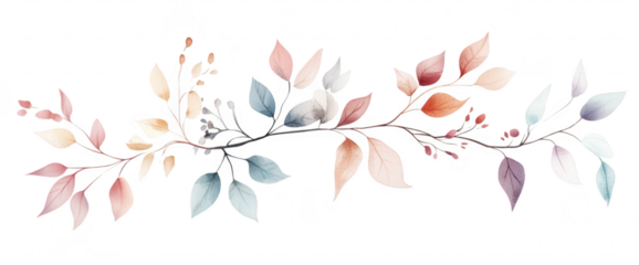 A delicate arrangement of pastel-colored leaves and branches. beautifully illustrated. creating a serene and calming atmosphere. ideal for backgrounds in nature-themed designs or stationery