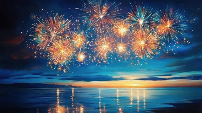 Colorful fireworks bursting over a calm sea at sunset with golden reflections sparkling on tranquil water and a distant coastline under a dramatic twilight sky, joyful and peaceful - Powered by Adobe