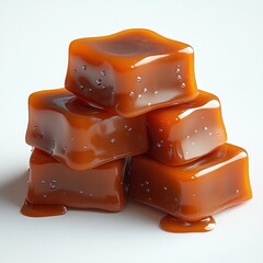 stacked glossy salted caramel squares on white background with melting syrup and visible salt crystals, decadent and indulgent