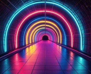 Futuristic neon-lit tunnel with glowing rainbow arches and reflective tiled floor, evoking a mesmerizing and energetic atmosphere