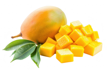 A ripe mango beside freshly cut mango cubes. yellow hues and green leaves. set against a clean white background. perfect for food photography and culinary use