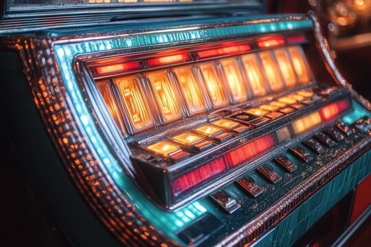 Close-up of a vintage jukebox selection panel with glowing orange lights, chrome trim and colorful red and teal accents, evoking a warm nostalgic atmosphere - Powered by Adobe
