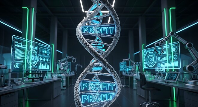 Decoding Future Profit A Vision of Scientific Innovation and Advanced Technology Driving Business Growth, Symbolized by a DNA Helix in a Modern Research Facility