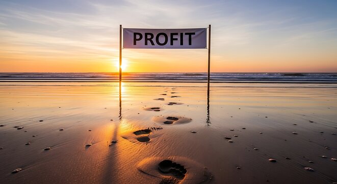 Footprints in the sand at sunset leading to a 'PROFIT' flag, symbolizing the dedicated journey, strategic path, and ultimate achievement of financial goals and business success