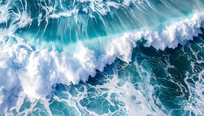 Aerial shot crashing wave, turquoise hues. Foam swirls in ocean's vastness, power & beauty combined
