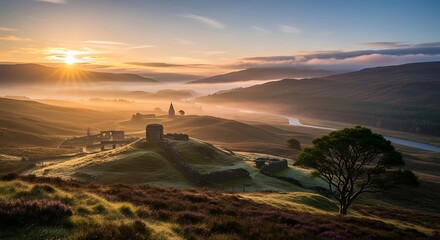 Dramatic sunrise over ancient stone ruins and misty mountain landscape