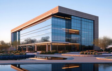 Obraz premium Modern glass office building with reflective facade beside tranquil landscaped ponds at sunset, calm and elegant atmosphere