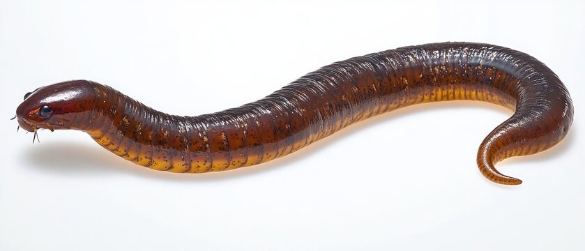 glossy brown legless amphibian with segmented body, small eyes and facial tentacles resting with curled tail on a clean white background, calm and curious