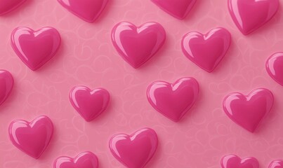 glossy 3d pink heart shapes on a soft pink textured background with faint heart outlines in a repeating playful romantic pattern evoking sweet cheerful affection