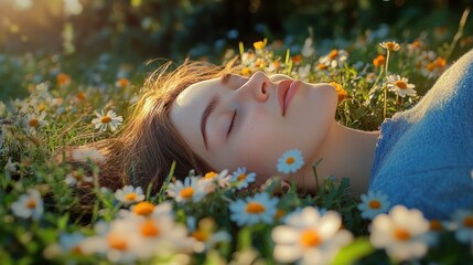 person lying among white daisies in a sunlit meadow with hair splayed and a blue sweater, warm golden light and a peaceful, dreamy mood