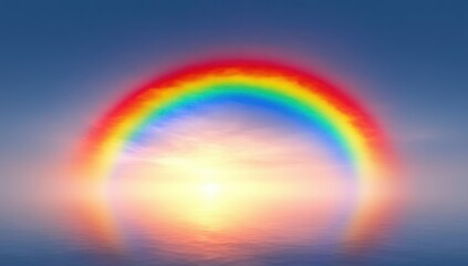 Vibrant rainbow arch glowing over calm sea at golden sunrise with soft pastel sky and tranquil mirrored reflection