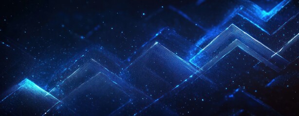 Glowing blue zigzag chevron peaks with scattered particles and cosmic shimmer, an abstract digital landscape conveying futuristic energy and mystery