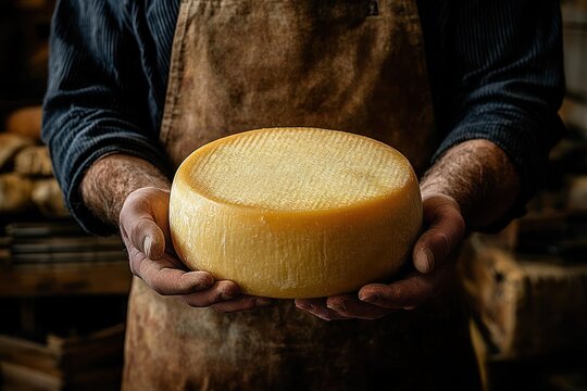 Cheesemaker in a worn apron holding a round aged cheese wheel with care in a rustic cellar, conveying pride and handcrafted warmth