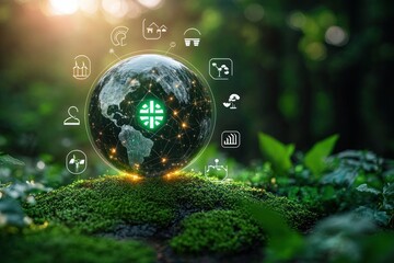 Glowing digital earth orb with network nodes and sustainability icons floating above a mossy forest floor, warm sunlight and hopeful mood of environmental protection