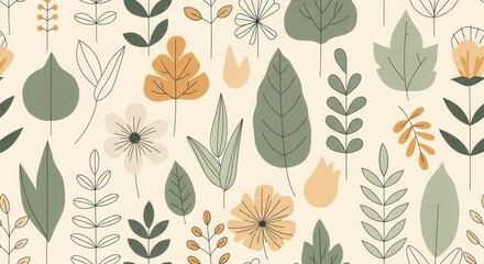 Stylized botanical pattern featuring diverse leaves and simple flowers against a light background