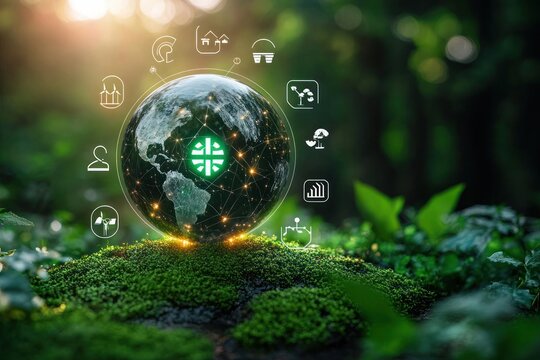 Glowing digital earth orb with network nodes and sustainability icons floating above a mossy forest floor, warm sunlight and hopeful mood of environmental protection