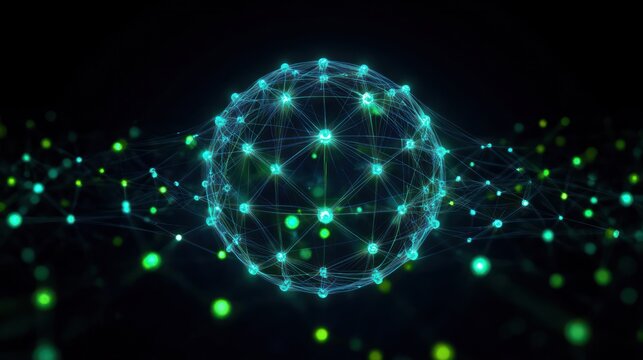 glowing wireframe sphere of interconnected turquoise and green nodes and lines with floating light particles on a dark background conveying a futuristic sense of connected energy