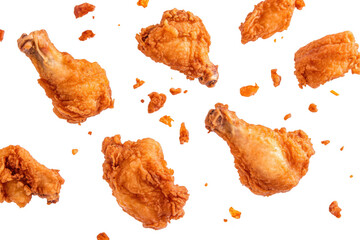 A display of crispy fried chicken drumsticks scattered against a clean white background. the texture and golden color. ideal for culinary promotions and food photography