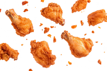 A display of crispy fried chicken drumsticks scattered against a clean white background. the texture and golden color. ideal for culinary promotions and food photography