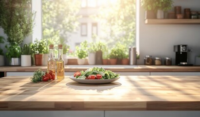 Sunny modern kitchen countertop with fresh green salad and cherry tomatoes on a plate, two glass oil bottles, herbs and potted plants on the windowsill, warm inviting morning light