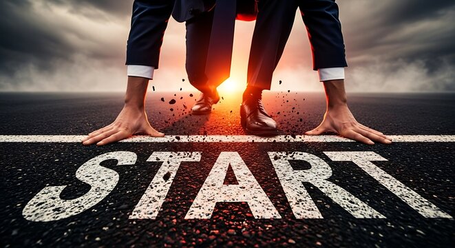 Dynamic entrepreneur poised for success, ready to launch new venture with focus and determination, embodying ambition and a powerful drive to start now