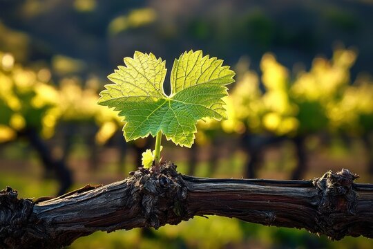 Backlit fresh green grapevine leaf sprouting from a gnarled woody vine trunk in a sunlit vineyard, golden bokeh rows in background evoking renewal and hope
